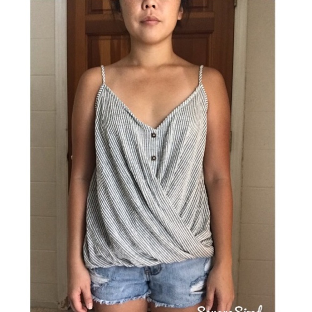 Gray and white stripped strap blouse